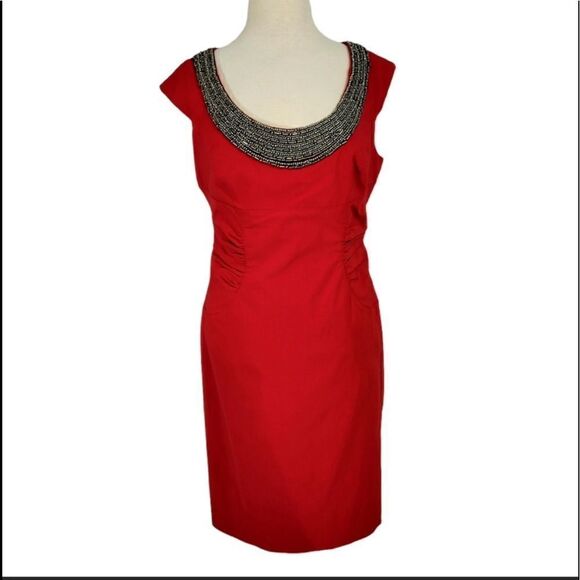Adrianna Papell Red Beaded Evening Sheath Dress - Picture 1 of 9